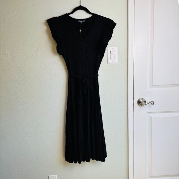 Adrianna Papell Ribbed Knit Flutter Sleeve Black Midi Dress Belted NWT - Picture 3 of 9